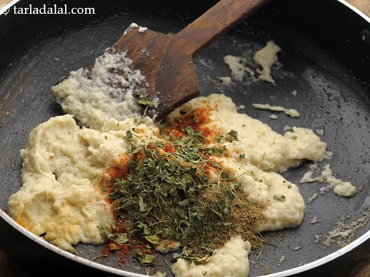 Step 15 – Add dried fenugreek leaves.&nbsp; Always roast Kasuri methi lightly and crush it between your palms …