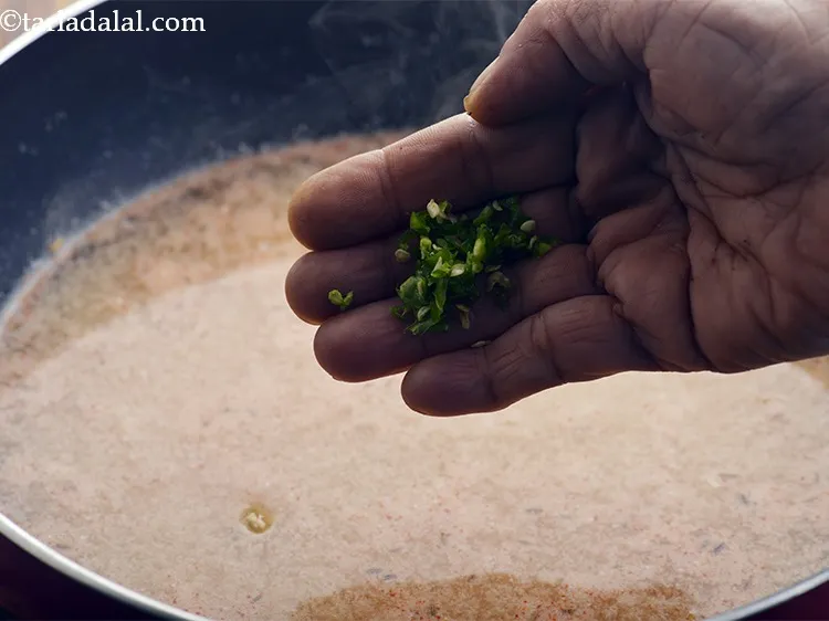 Step 8 – Add green chillies and salt. You can adjust the quantity as per the spice level …