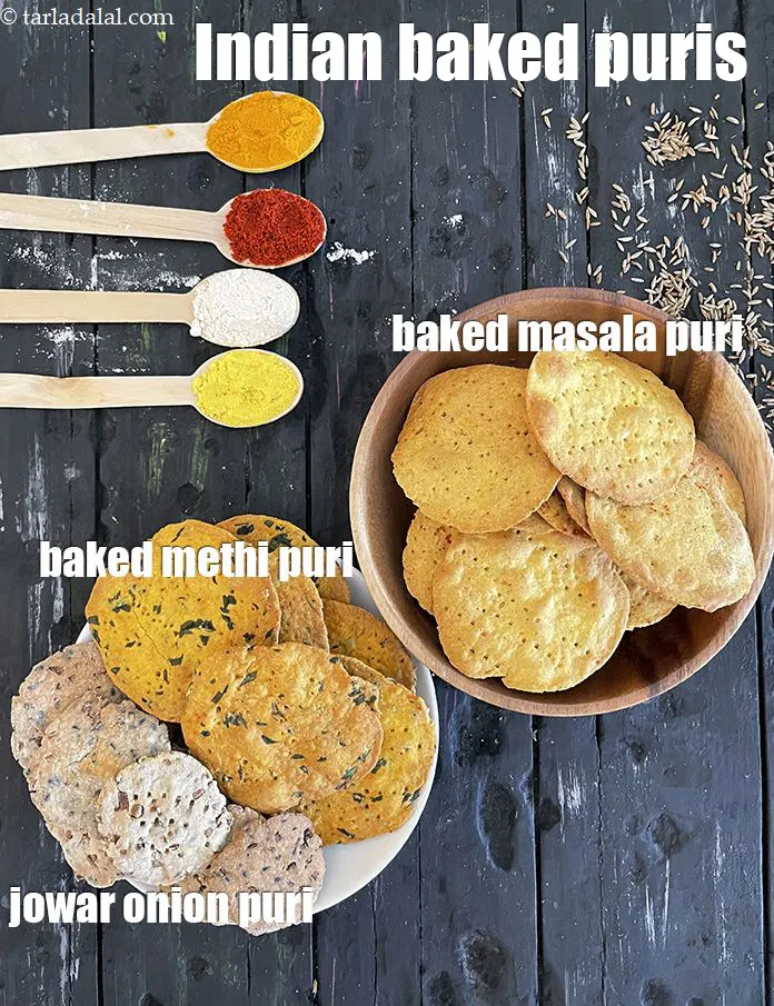 Step 25 – <html><head></head><body><p><strong>Indian baked puris</strong>. Left to right.&nbsp;<a href="https://www.tarladalal.com/baked-jowar-onion-puri-for-weight-loss-22297r">jowar onion puris recipe</a>&nbsp;,&nbsp;<a href="https://www.tarladalal.com/baked-methi-puris-2947r">baked methi puri recipe</a>&nbsp;and&nbsp;<a href="https://www.tarladalal.com/baked-masala-puri-for-chaat-sev-puri-1431r">baked …