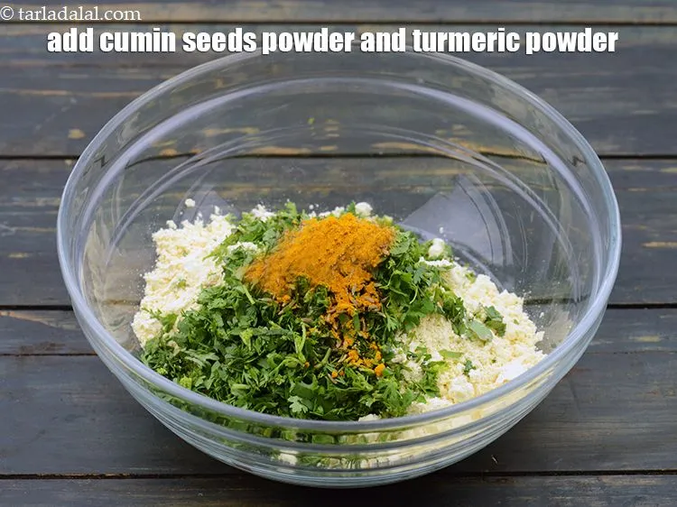 Step 9 – Add 1 tsp&nbsp;<a href="https://www.tarladalal.com/glossary-cumin-seeds-powder-jeera-powder-zeera-powder-382i">cumin seeds (jeera) powder</a>&nbsp;and 1/4 tsp&nbsp;<a href="https://www.tarladalal.com/glossary-turmeric-powder-haldi-645i">turmeric powder (haldi)</a>.