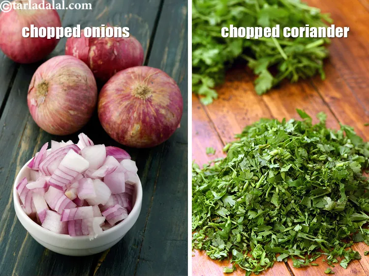 Step 40 – Spring onion whites and greens can be replaced with chopped onions and coriander / mint.&nbsp;