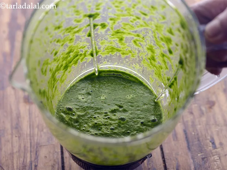 Step 9 – Blend this and prepare a smooth spinach puree. Keep aside. We have not blanched the …