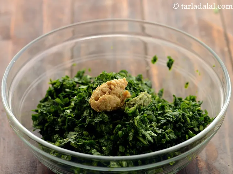 Step 9 – Add 2 tsp&nbsp;<a href="https://www.tarladalal.com/glossary-ginger-green-chilli-paste-adrak-mirch-ki-paste-adrak-mirchi-paste-139i">ginger-green chilli paste</a>. &nbsp;If you want the palak methi muthiya spicier then …