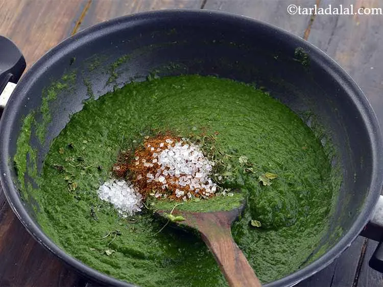 Step 29 – Now add sugar to balance the bitterness of the spinach leaves.