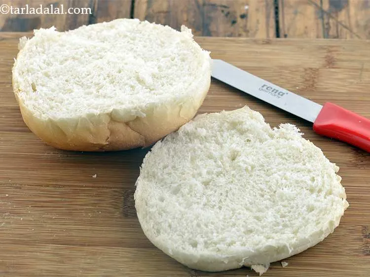 Step 51 – Cut each burger bun horizontally into two using a serrated knife. Serrated knife works like …