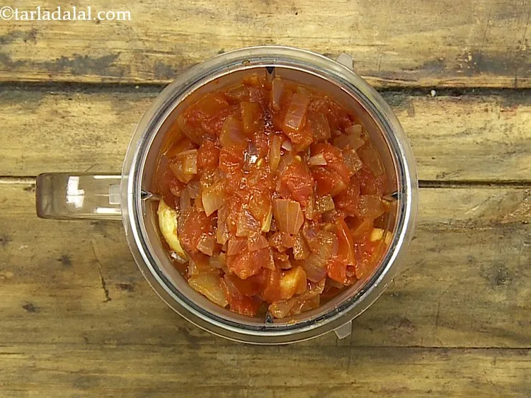 Step 11 – Switch off the flame and cool slightly &amp; transfer the cooked onions-tomatoes to a mixer …