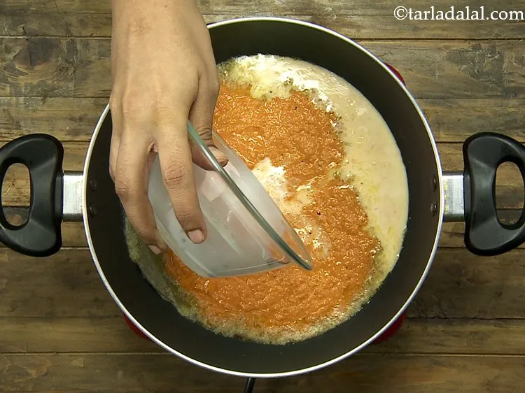 Step 19 – Add the milk. Water can also be used but, milk helps in giving a rich …