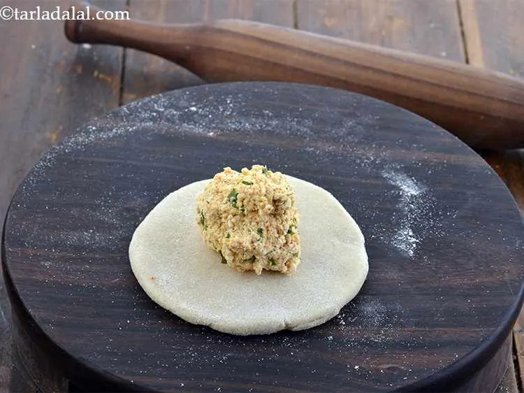 Step 18 – Place a portion of the prepared stuffing in the center of the circle.