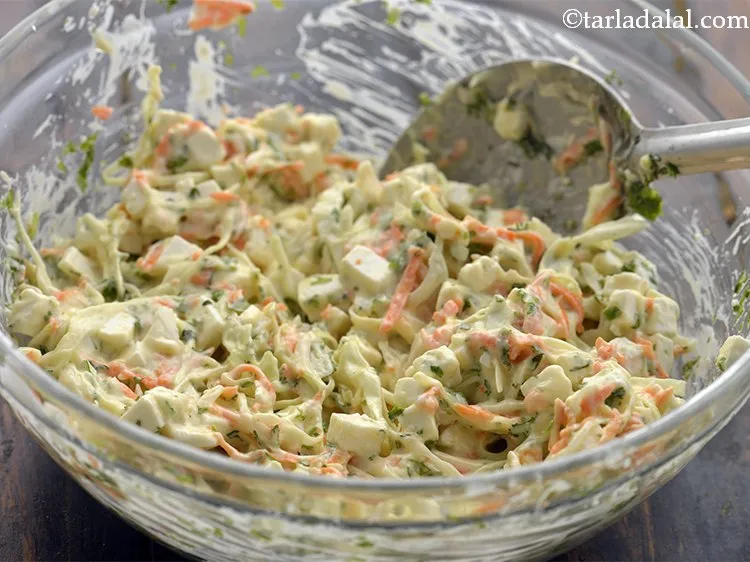 Step 38 – Mix well and our paneer coleslaw for the&nbsp;<strong>pita bread for paneer pita pockets</strong>&nbsp;is ready.