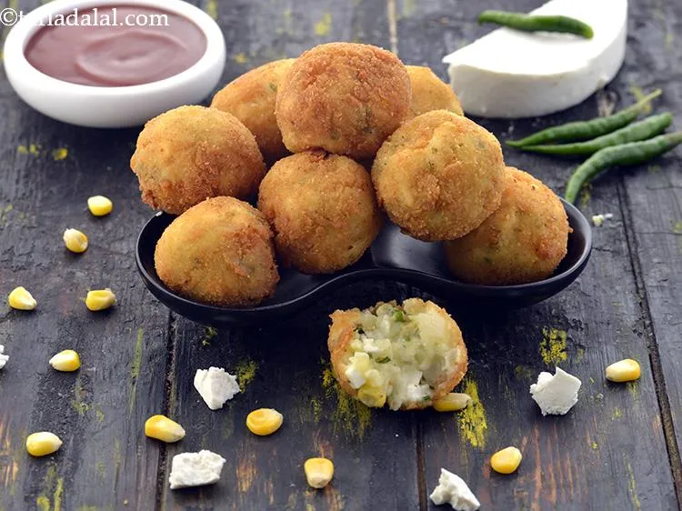 Step 27 – Serve the <strong>cottage cheese potato and corn balls</strong> hot with tomato ketchup.