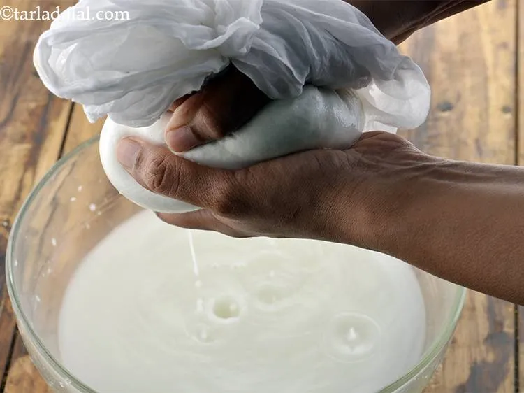 Step 19 – Or you can even place the muslin cloth with the chenna in a bowl of …