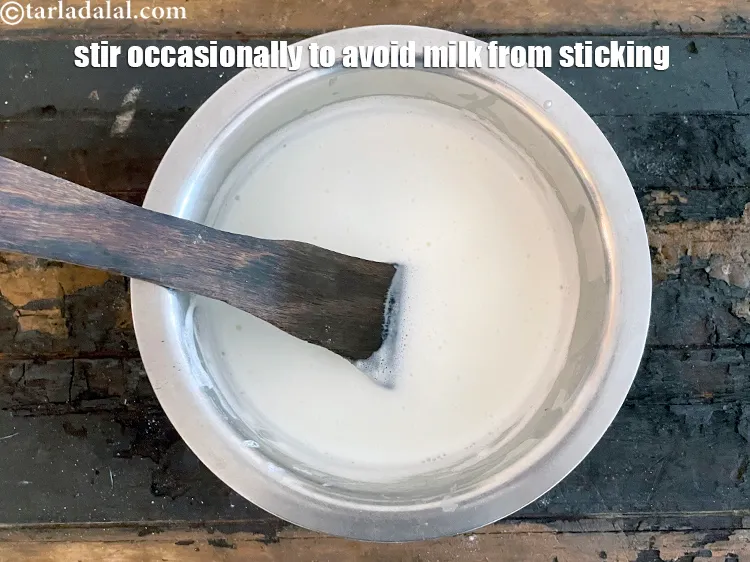 Step 6 – While boiling milk, keep stirring occasionally to avoid the milk from sticking to the pan …