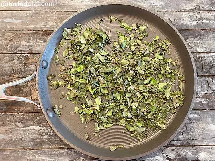 Step 3 – Dry roast the mint leaves on a slow flame till crisp. Roasting on high flame …