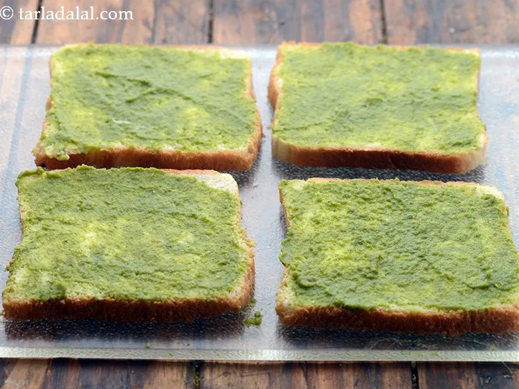 Step 3 – Spread 1 tsp of <strong>green chutney</strong> on each bread slice. This is how to make …