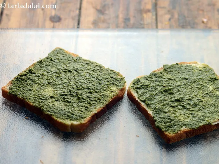 Step 12 – Put 1 tsp of green chutney on both the buttered bread slices and spread it …