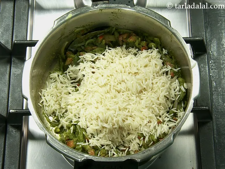 Step 22 – Add the rice. We have used long-grained basmati rice, but you can prepare pudina rice …