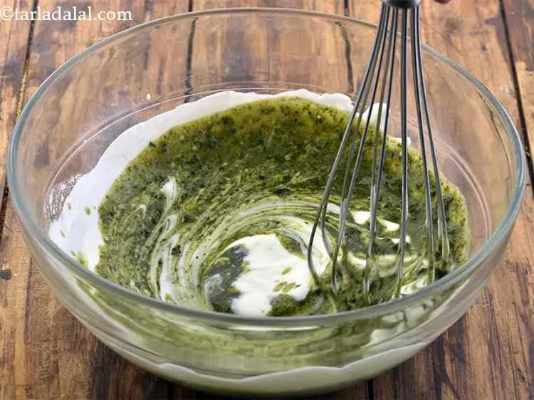 Step 9 – Combine the mint paste and curds. Whisk well. Curd and mint both aid in digestion …