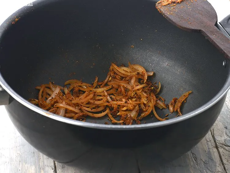 Step 36 – Add the onions, ginger paste and 2 tsp of water, mix well and cook on …