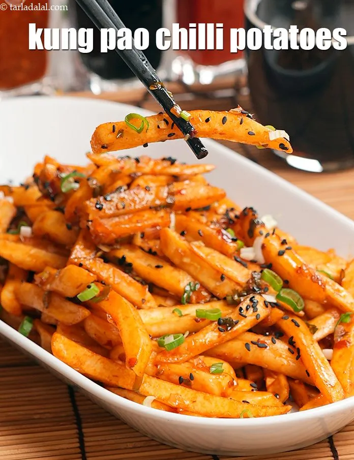 Step 19 – Serve <strong>Kung pao potatoes</strong> immediately garnished with <a href="https://www.tarladalal.com/glossary-chopped-spring-onion-whites-815i">chopped spring onion whites</a>&nbsp;and&nbsp;<a href="https://www.tarladalal.com/glossary-chopped-spring-onion-greens-1030i">greens</a>&nbsp;and&nbsp;<a href="https://www.tarladalal.com/glossary-black-sesame-seeds-kala-til-kale-til-862i">black sesame …