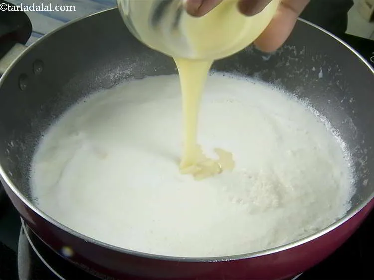 Step 10 – Add sugar Add condensed milk.