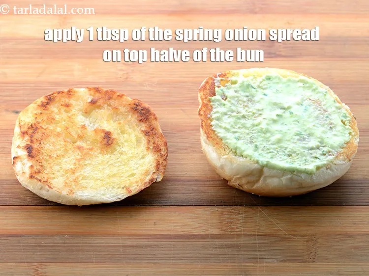 Step 65 – Apply 1 tbsp of the spring onion spread on the top halve of the bun.&nbsp;