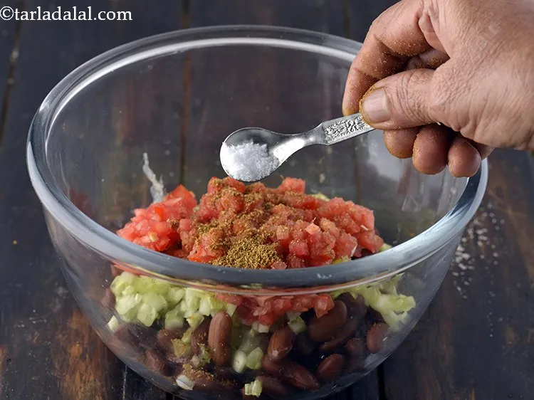 Step 10 – Add salt to taste to the <strong>Kidney Bean Salad for babies and toddlers</strong>.&nbsp;