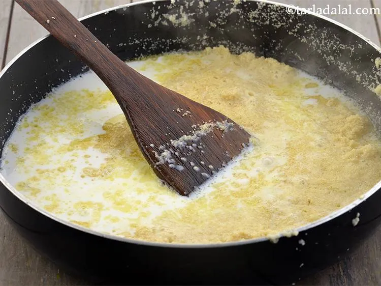 Step 5 – Now add the milk. Using warm milk is important as it will help the semolina …