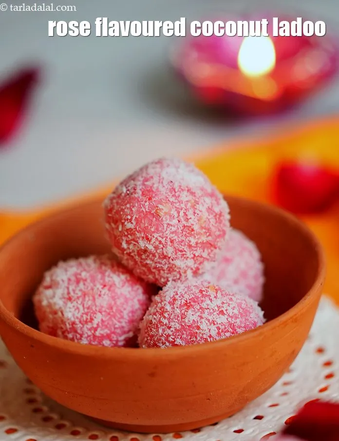 Step 12 – Serve <strong>rose flavoured coconut ladoo</strong> immediately or store in an air-tight container.&nbsp;