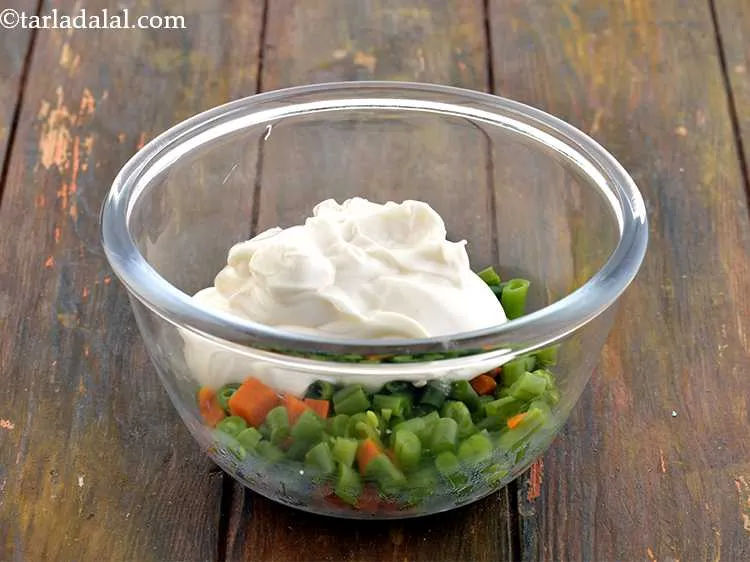 Step 4 – Then add the mayonnaise to it. You can use store-bought mayonnaise or you can<a href="https://www.tarladalal.com/Eggless-Mayonnaise--Easy-Homemade-Mayonnaise-Recipe-3254r"> …