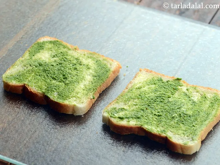 Step 12 – Next, apply 1 tsp of prepared <strong>green chutney</strong> on each bread slice. The quantity of …