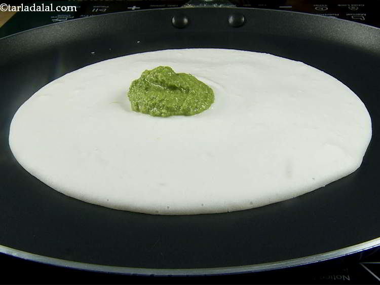 Step 8 – Place 2 tsp of green chutney in the centre. You can make a spicy coriander …