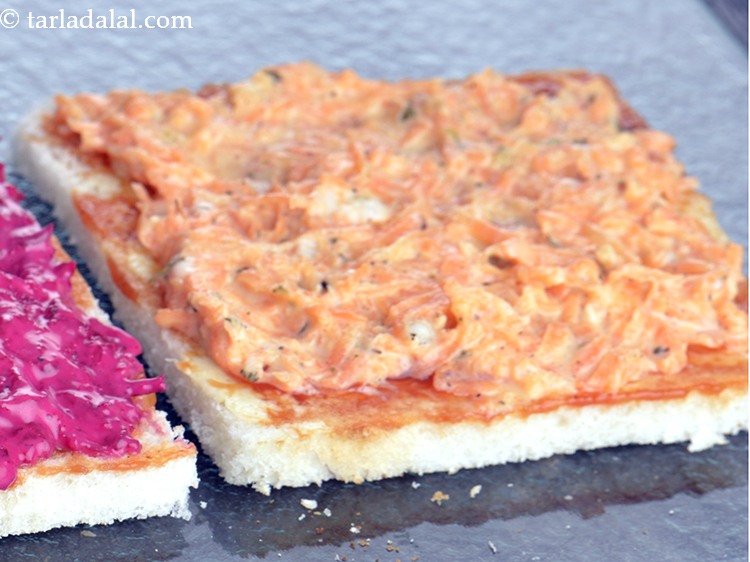 Step 44 – One the third bread slice, spread one portion of the carrot mixture.&nbsp;