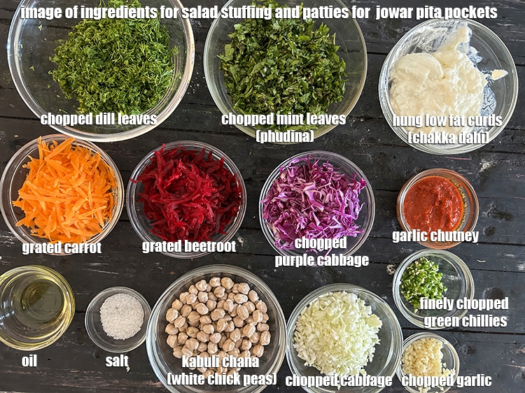 Step 3 – See below image of ingredients for salad stuffing and patties for &nbsp;jowar pita pockets.