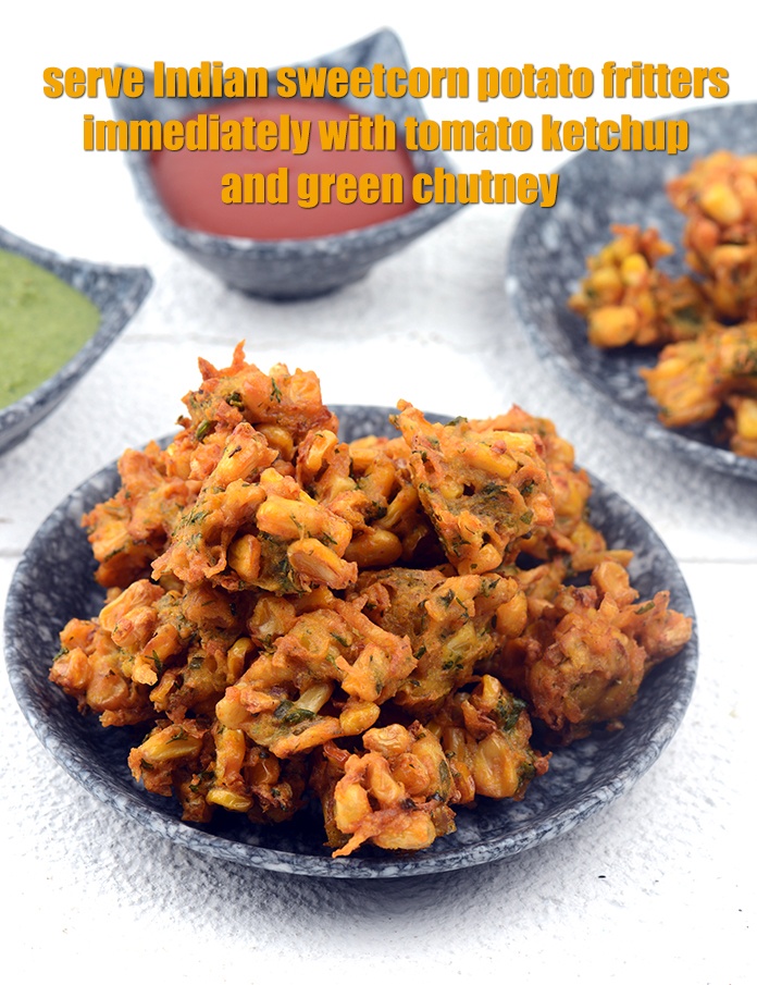 Step 20 – Serve<strong> corn and potato fritters recipe | Indian sweetcorn potato fritters | potato onion corn …