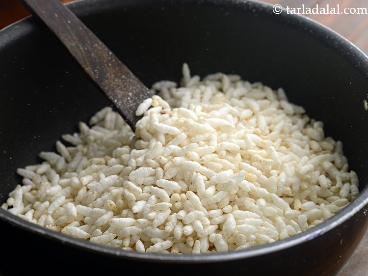 Step 7 – Add the puffed rice. If your puffed rice is little soggy or old, dry roast …