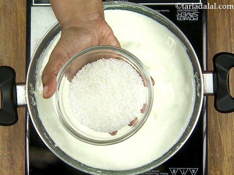 Step 6 – Add the sugar to the milk. We are only using 1/3 cup of sugar here …