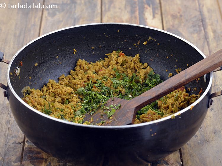 Step 24 – Switch off the flame, add coriander and mix well to complete making <strong>spicy soya bhurji …