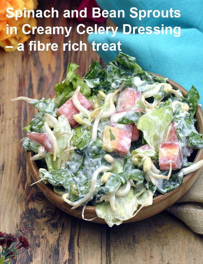 Step 28 – <strong>Spinach and Bean Sprouts in Creamy Celery Dressing &ndash; a fibre rich treat.&nbsp;</strong>