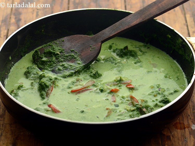 Step 15 – Add milk. It will give a nice creamy texture to our spinach noodles.&nbsp;