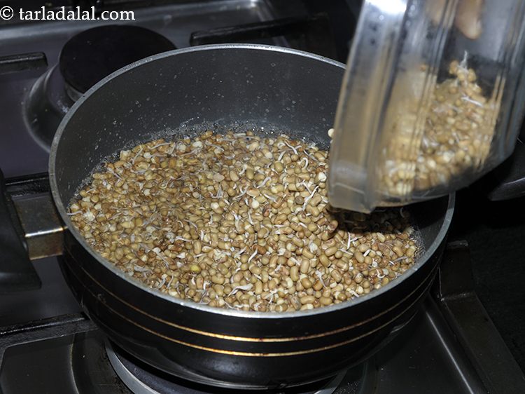 Step 18 – Once the water has been boiled, add the <strong>matki sprouts</strong>.