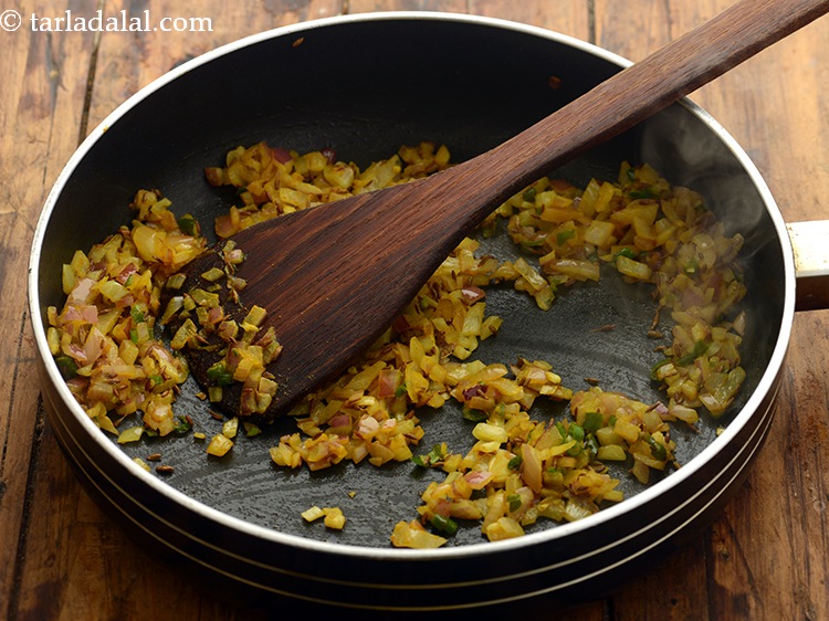 Step 18 – Saut&eacute; on a medium flame for 1 minute or till the onion turn light brown …