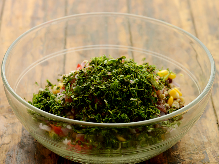 Step 8 – Add coriander. It will perk up the taste of our chaat.&nbsp;
