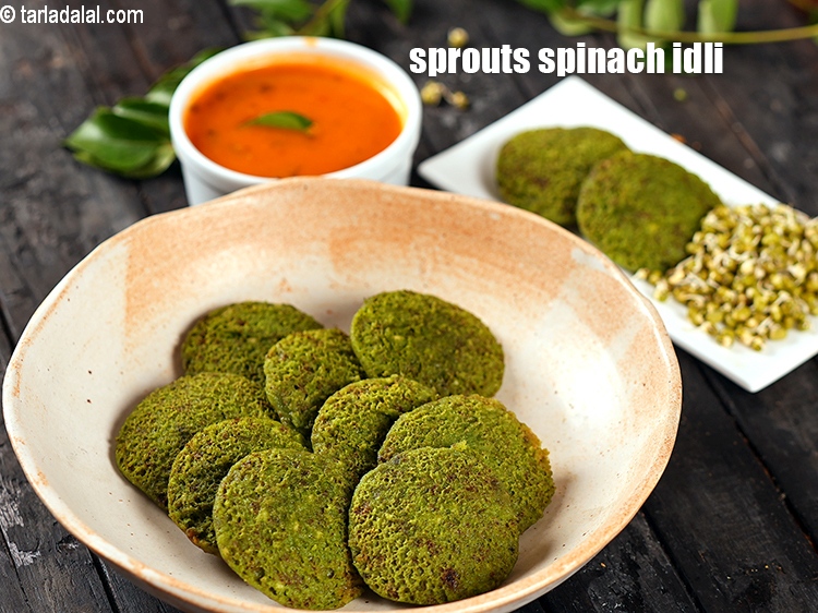 Step 19 – Serve <strong>sprouts and palak idli</strong> hot with sambhar.&nbsp;