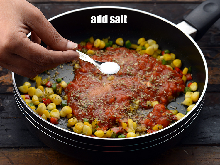Step 17 – Add <a href="https://www.tarladalal.com/glossary-salt-namak-table-salt-418i">salt</a>&nbsp;to taste. Salt has been addded while cooking rice and pizza sauce, so …