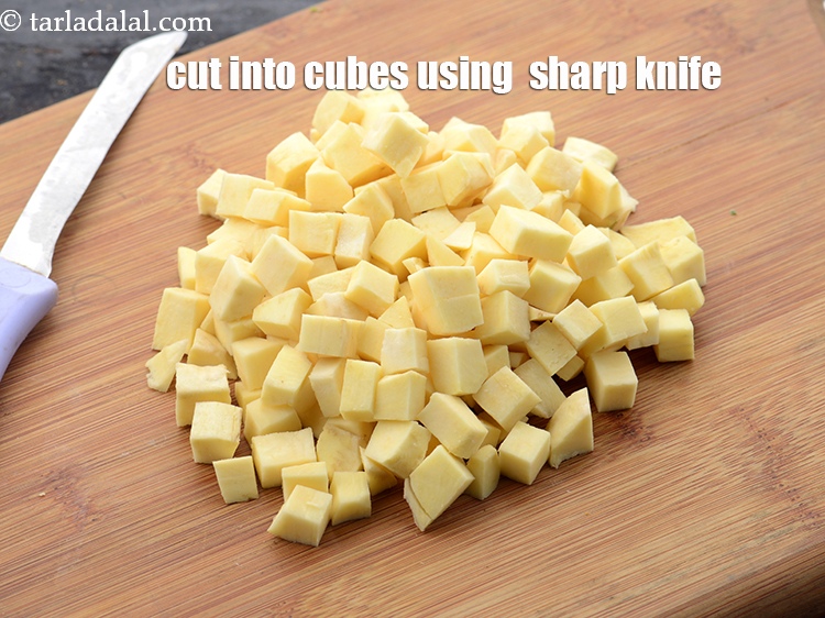 Step 17 – Sweet potato should be cut and used immediately or it will discolour.&nbsp;