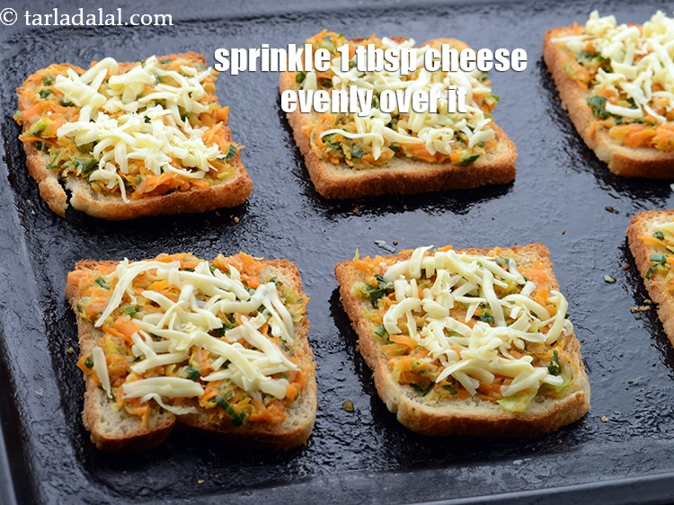 Step 19 – Sprinkle 1 tbsp of cheese evenly over each bread slice.