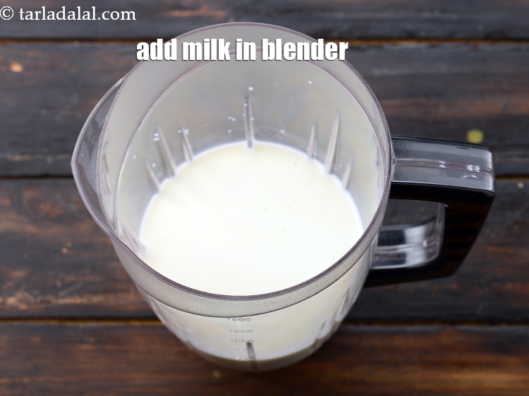 Step 10 – Add 2 cups&nbsp;chilled&nbsp;<a href="https://www.tarladalal.com/glossary-milk-doodh-full-cream-milk-514i">milk</a>&nbsp;in a blender.&nbsp;