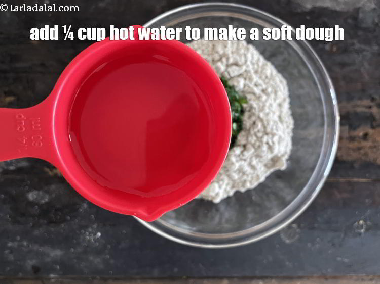 Step 11 – Add enough hot water to make a soft dough. We added 1/4&nbsp;cup hot water.