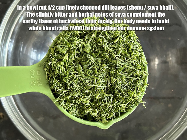 Step 18 – In a bowl put&nbsp;1/2 cup&nbsp;finely&nbsp;<a href="https://www.tarladalal.com/glossary-chopped-dill-leaves-1849i">chopped dill leaves (shepu / suva bhaji)</a>.&nbsp;The slightly bitter and …