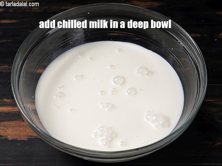 Step 3 – To make <strong>mohabbat ka sharbat</strong>, In a deep bowl, add 3 cups of chilled milk.